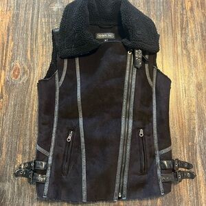 Members Only Black Faux Shearling Vest with Buckle Accents